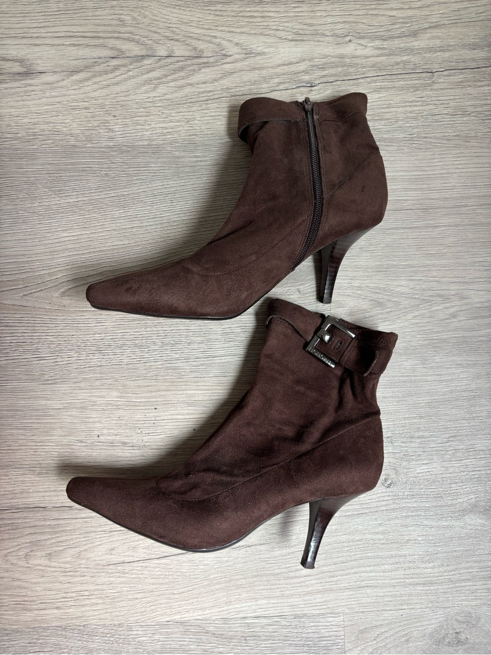 Women's BCBGirls Brown Suede Ankle Boots with Buckle Accent